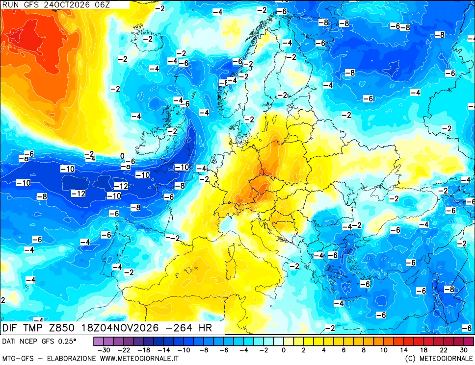 mappa Dif. Temp a 850 hPa Valid - Init