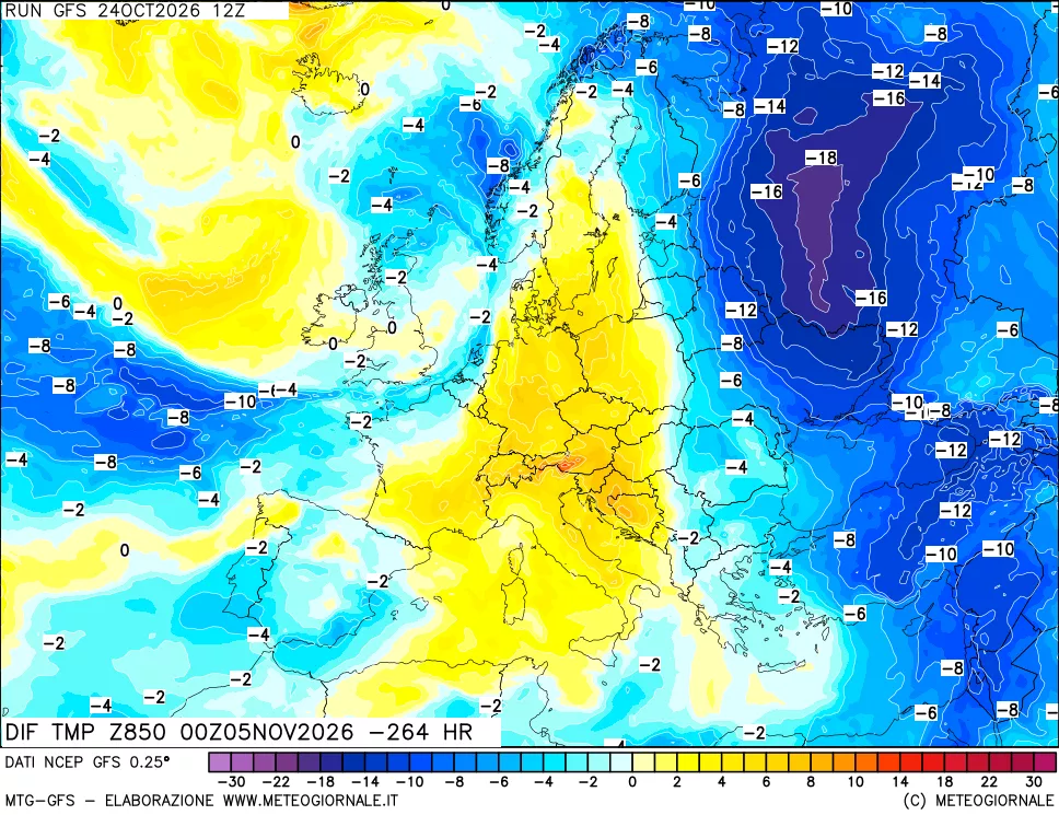 mappa Dif. Temp a 850 hPa Valid - Init