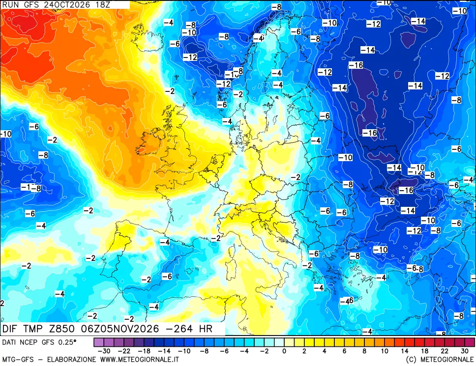 mappa Dif. Temp a 850 hPa Valid - Init