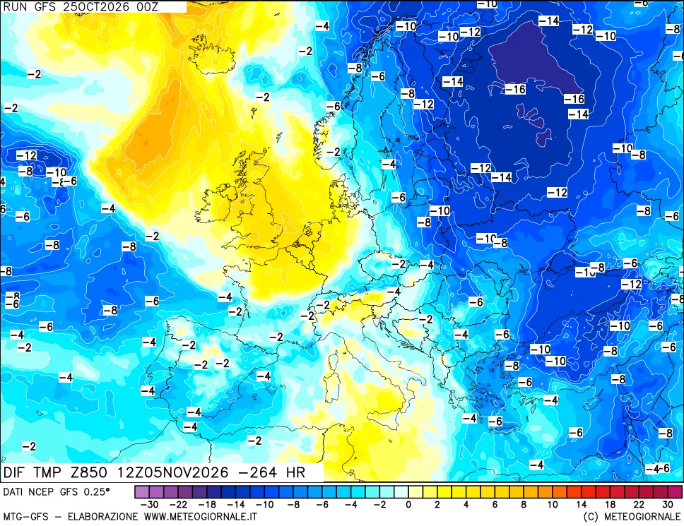 mappa Dif. Temp a 850 hPa Valid - Init