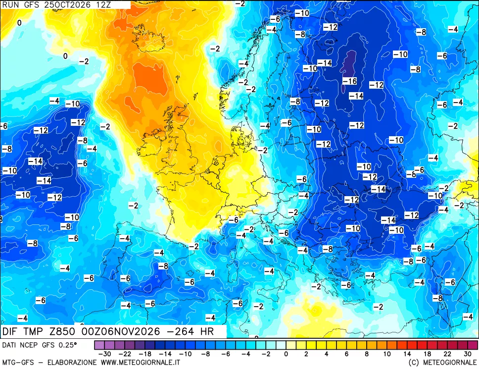 mappa Dif. Temp a 850 hPa Valid - Init