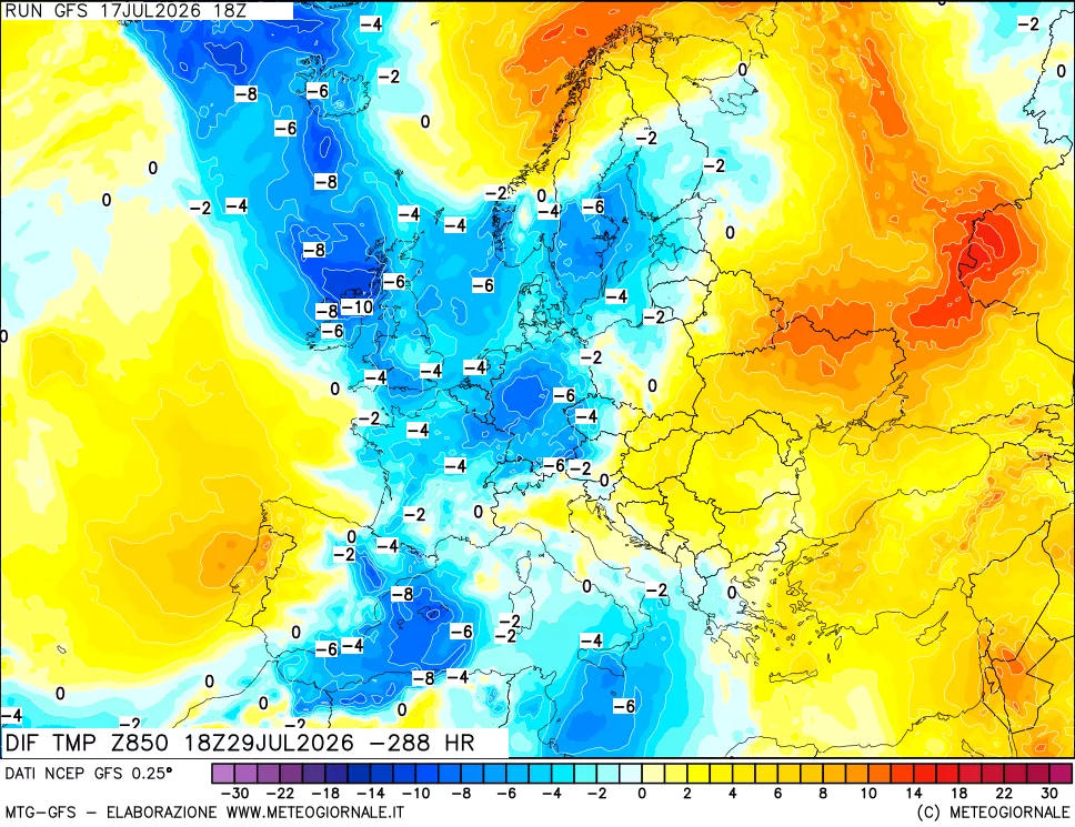 mappa Dif. Temp a 850 hPa Valid - Init