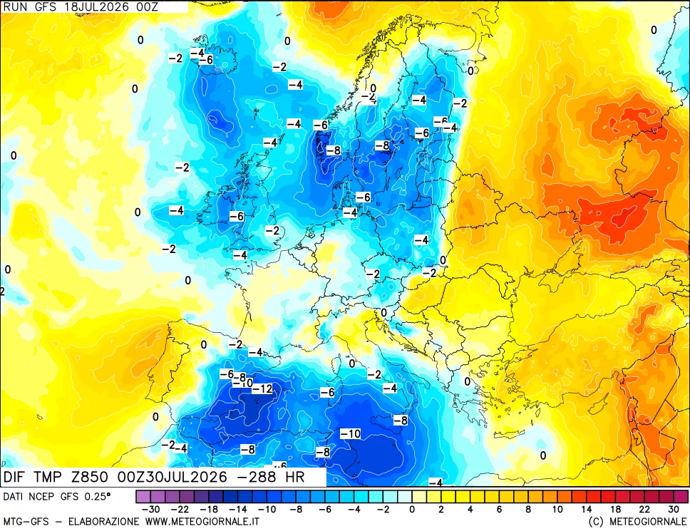 mappa Dif. Temp a 850 hPa Valid - Init