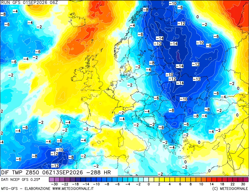 mappa Dif. Temp a 850 hPa Valid - Init