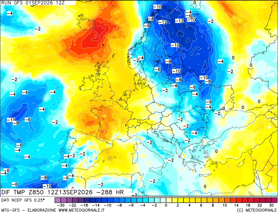 mappa Dif. Temp a 850 hPa Valid - Init