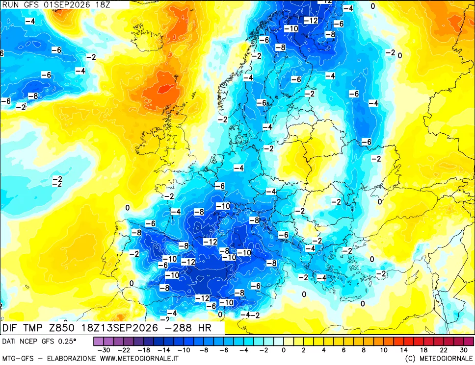 mappa Dif. Temp a 850 hPa Valid - Init