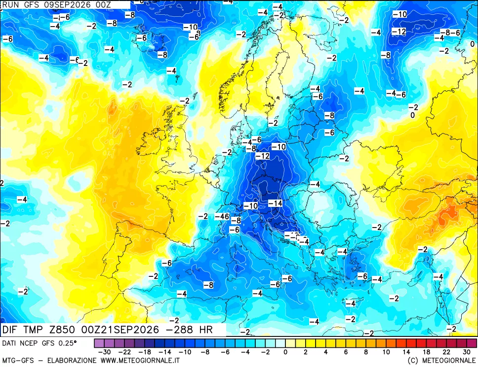mappa Dif. Temp a 850 hPa Valid - Init