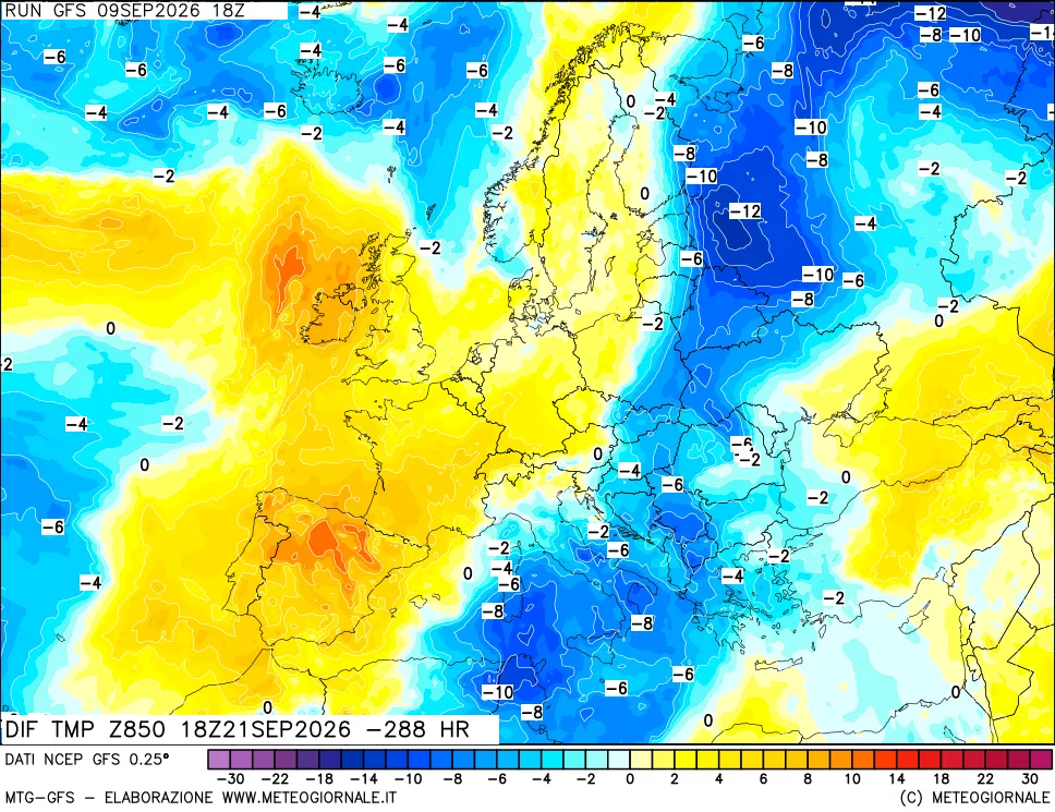 mappa Dif. Temp a 850 hPa Valid - Init