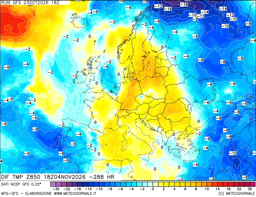 mappa Dif. Temp a 850 hPa Valid - Init