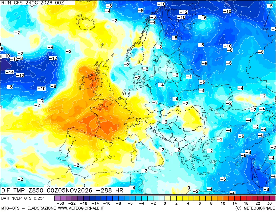 mappa Dif. Temp a 850 hPa Valid - Init