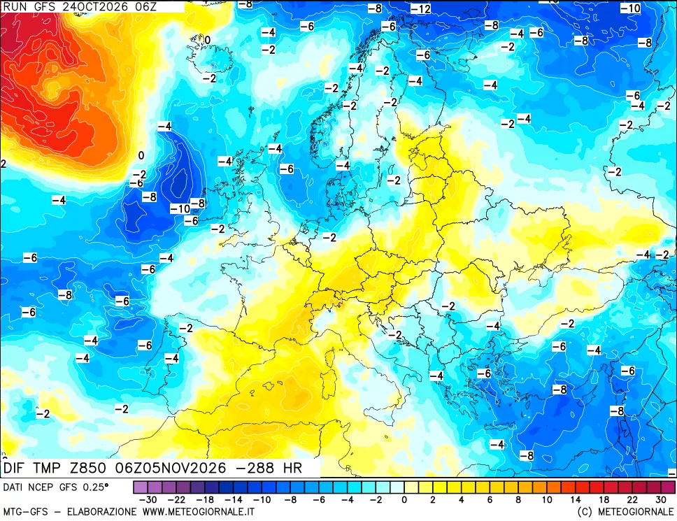 mappa Dif. Temp a 850 hPa Valid - Init