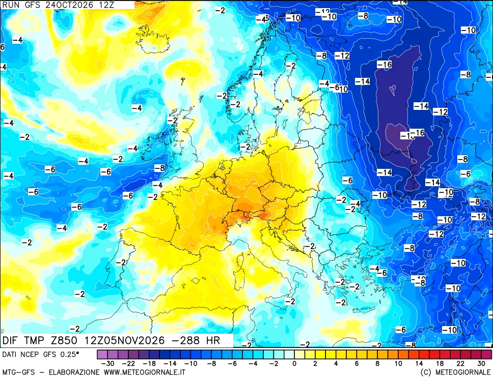 mappa Dif. Temp a 850 hPa Valid - Init