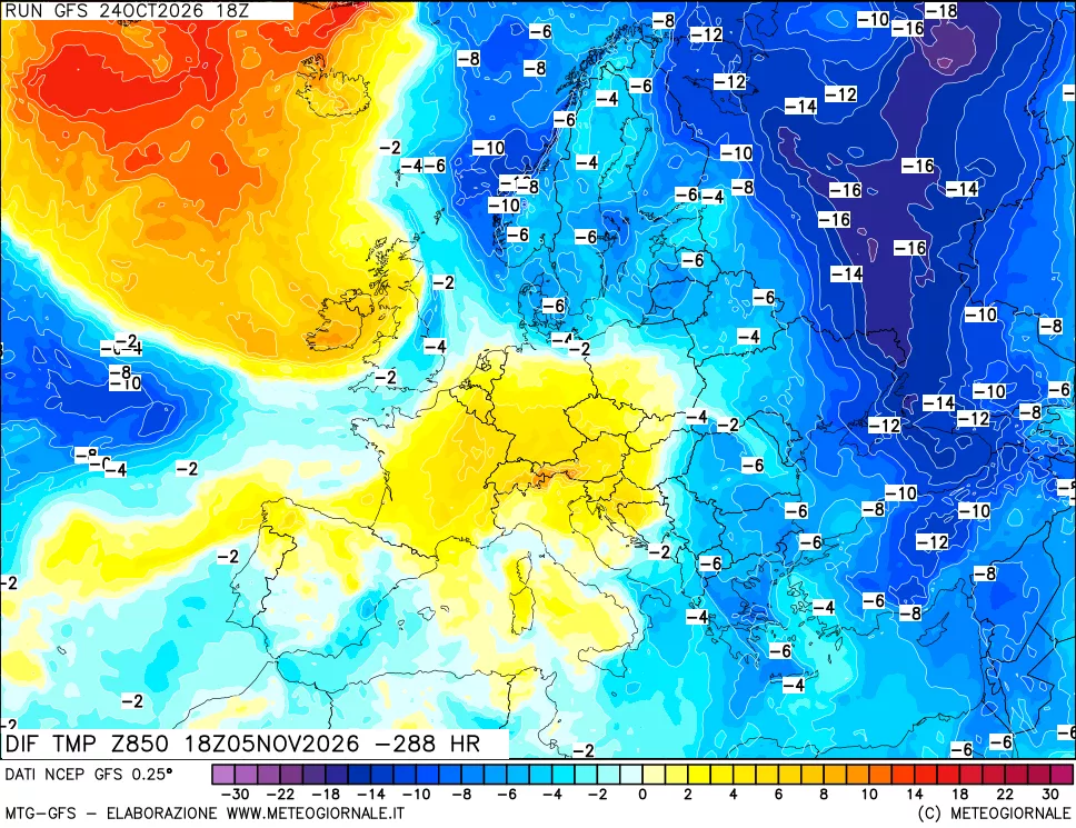 mappa Dif. Temp a 850 hPa Valid - Init
