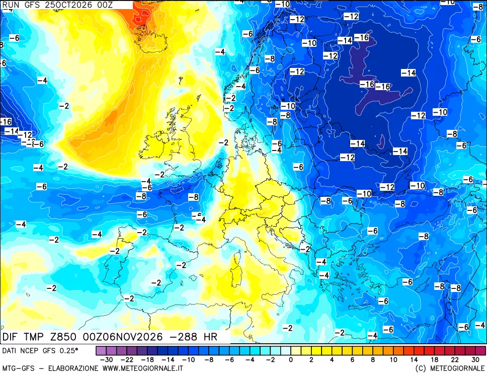 mappa Dif. Temp a 850 hPa Valid - Init