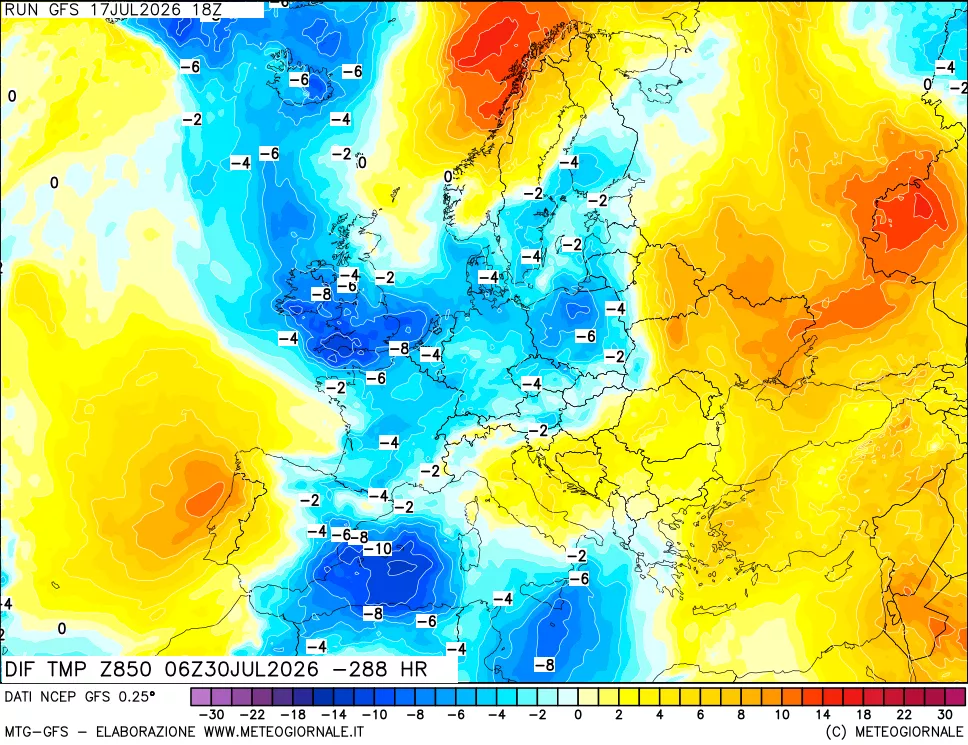mappa Dif. Temp a 850 hPa Valid - Init