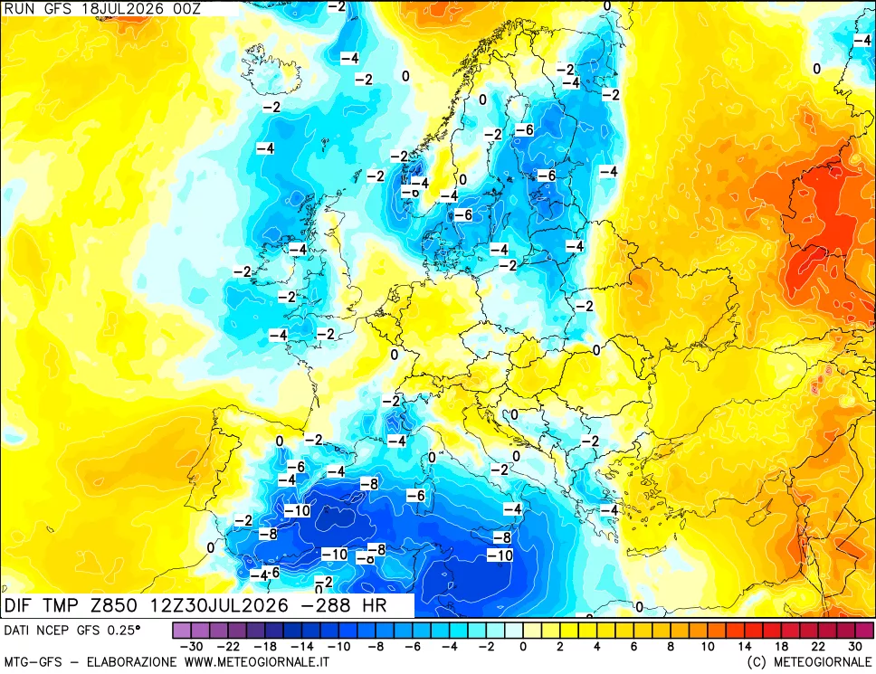 mappa Dif. Temp a 850 hPa Valid - Init