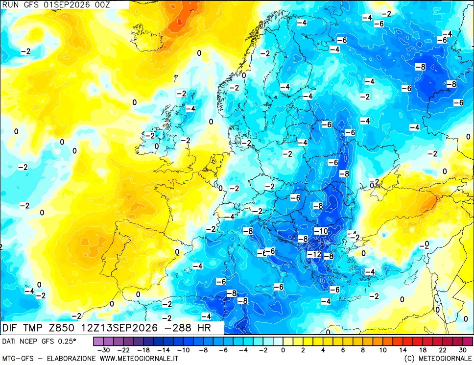mappa Dif. Temp a 850 hPa Valid - Init