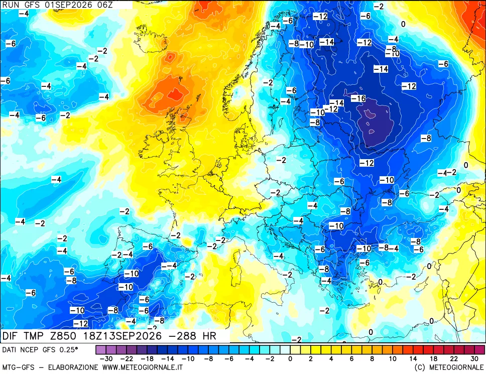 mappa Dif. Temp a 850 hPa Valid - Init