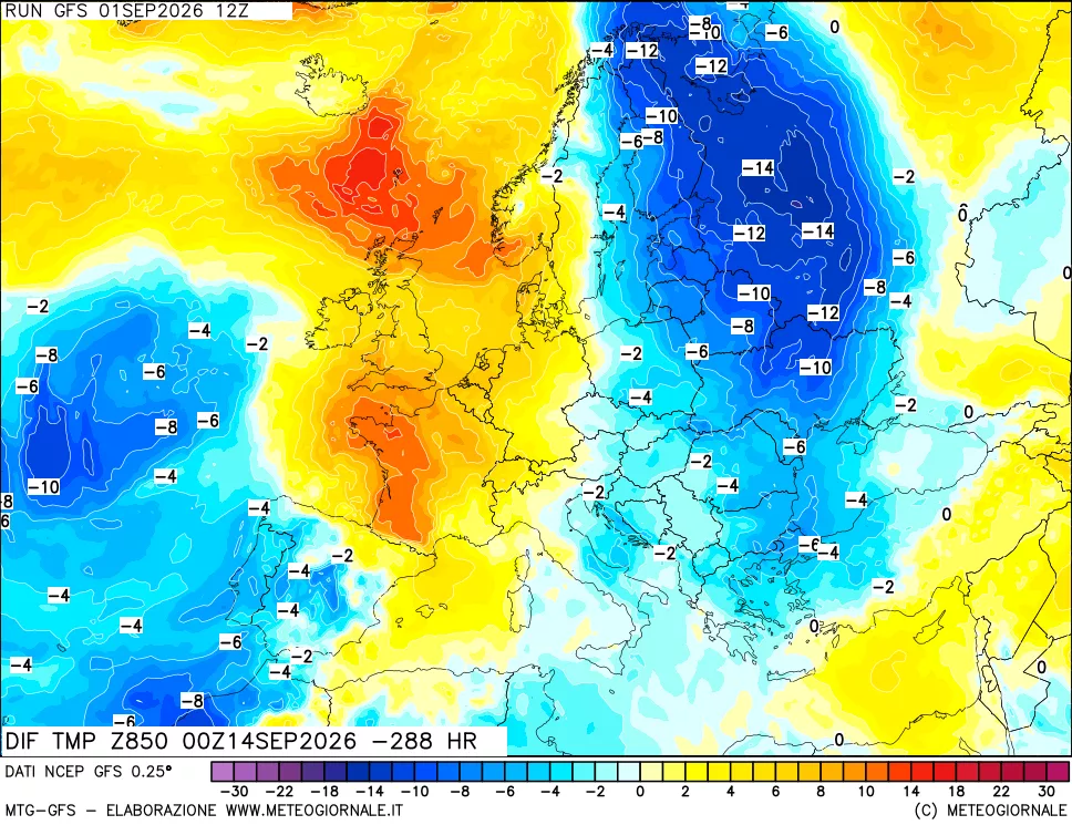 mappa Dif. Temp a 850 hPa Valid - Init