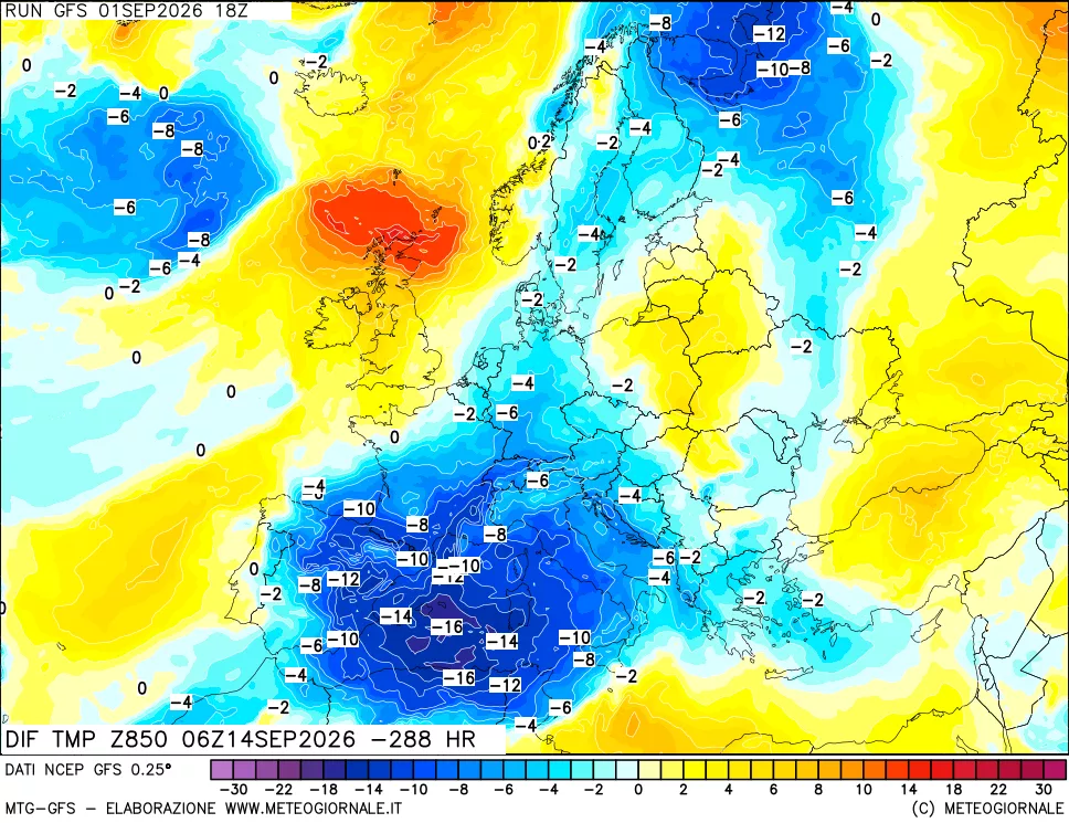 mappa Dif. Temp a 850 hPa Valid - Init