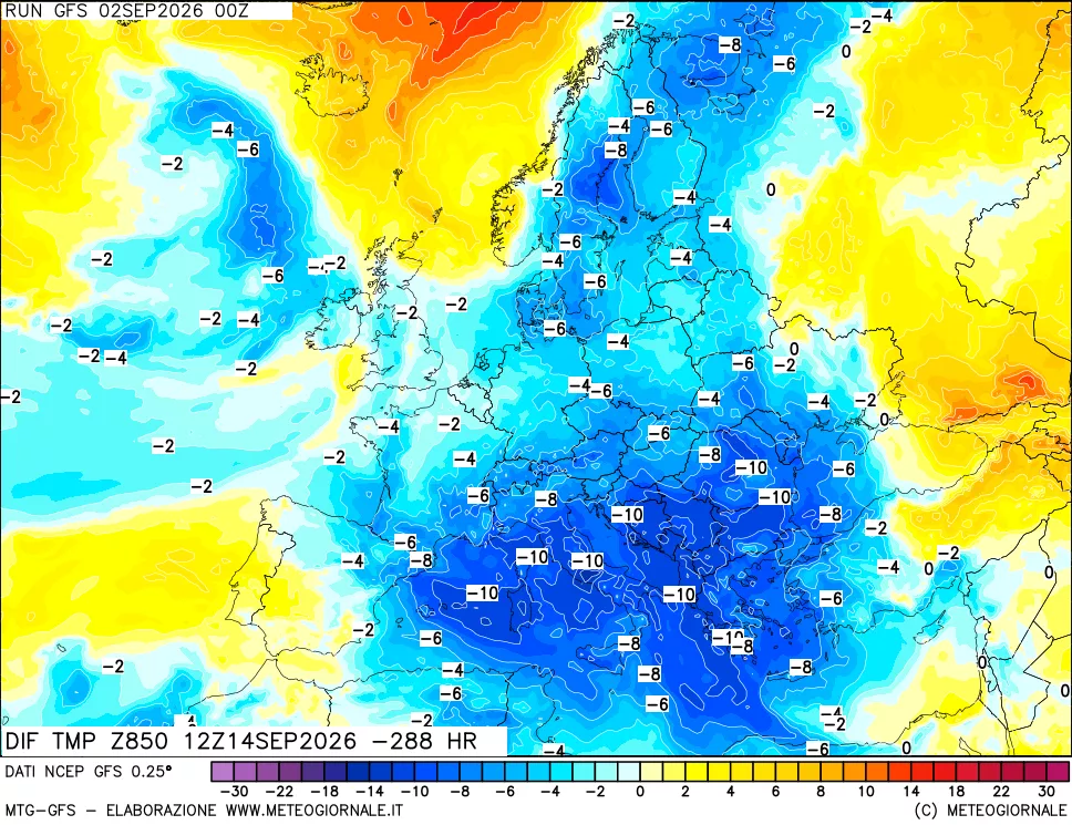 mappa Dif. Temp a 850 hPa Valid - Init