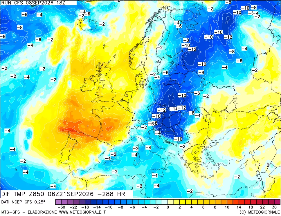 mappa Dif. Temp a 850 hPa Valid - Init