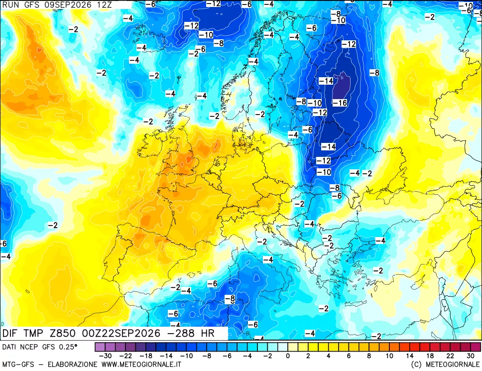mappa Dif. Temp a 850 hPa Valid - Init