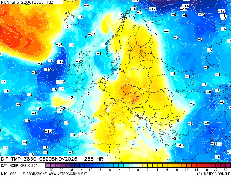 mappa Dif. Temp a 850 hPa Valid - Init