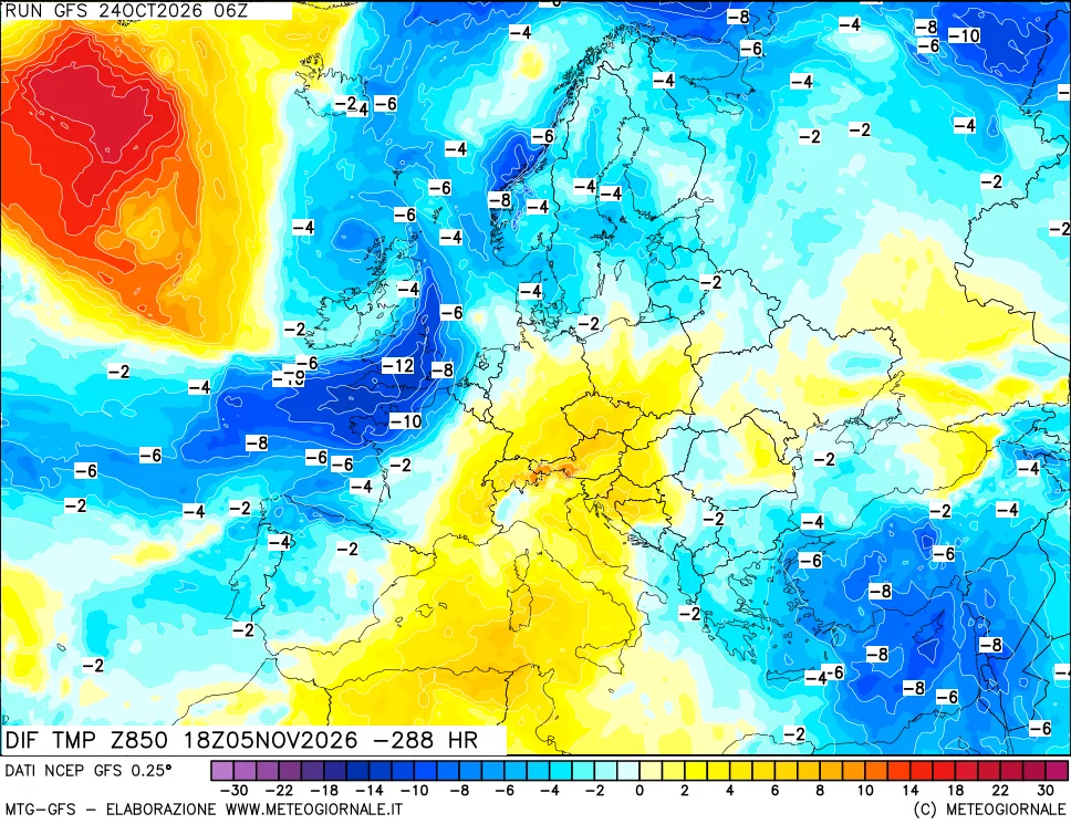 mappa Dif. Temp a 850 hPa Valid - Init