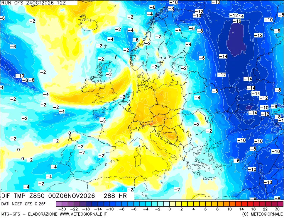 mappa Dif. Temp a 850 hPa Valid - Init