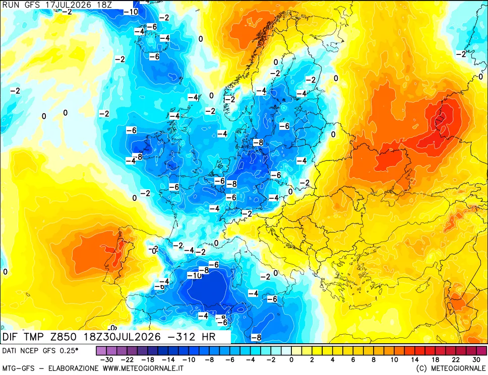 mappa Dif. Temp a 850 hPa Valid - Init
