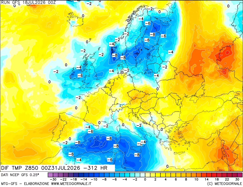 mappa Dif. Temp a 850 hPa Valid - Init