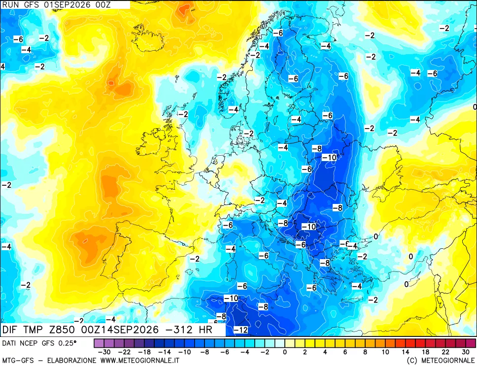 mappa Dif. Temp a 850 hPa Valid - Init
