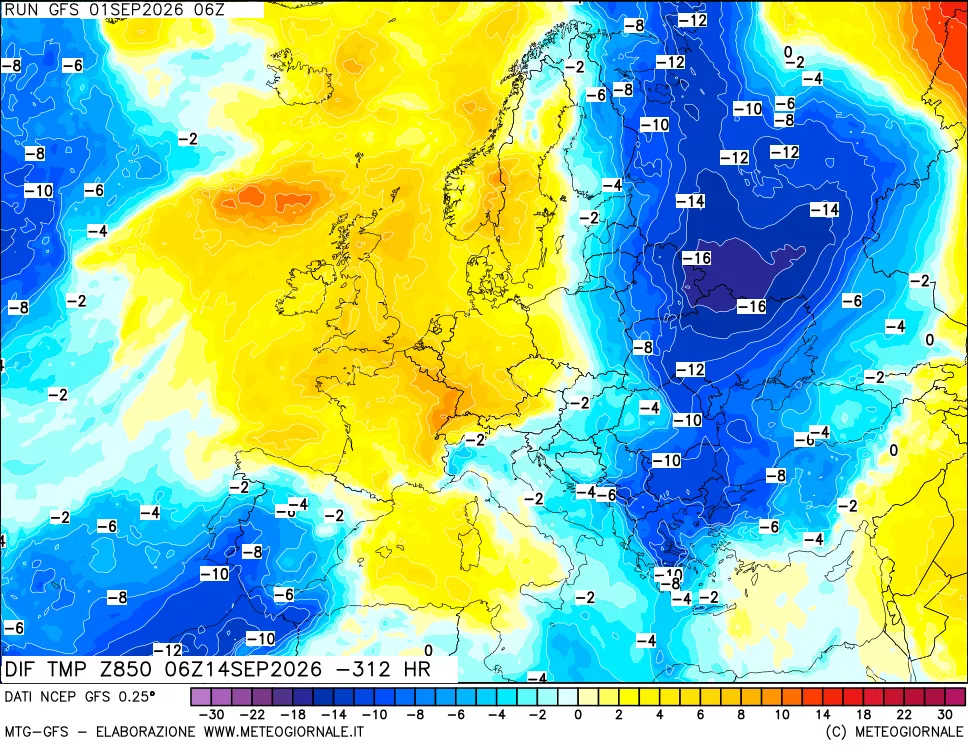 mappa Dif. Temp a 850 hPa Valid - Init