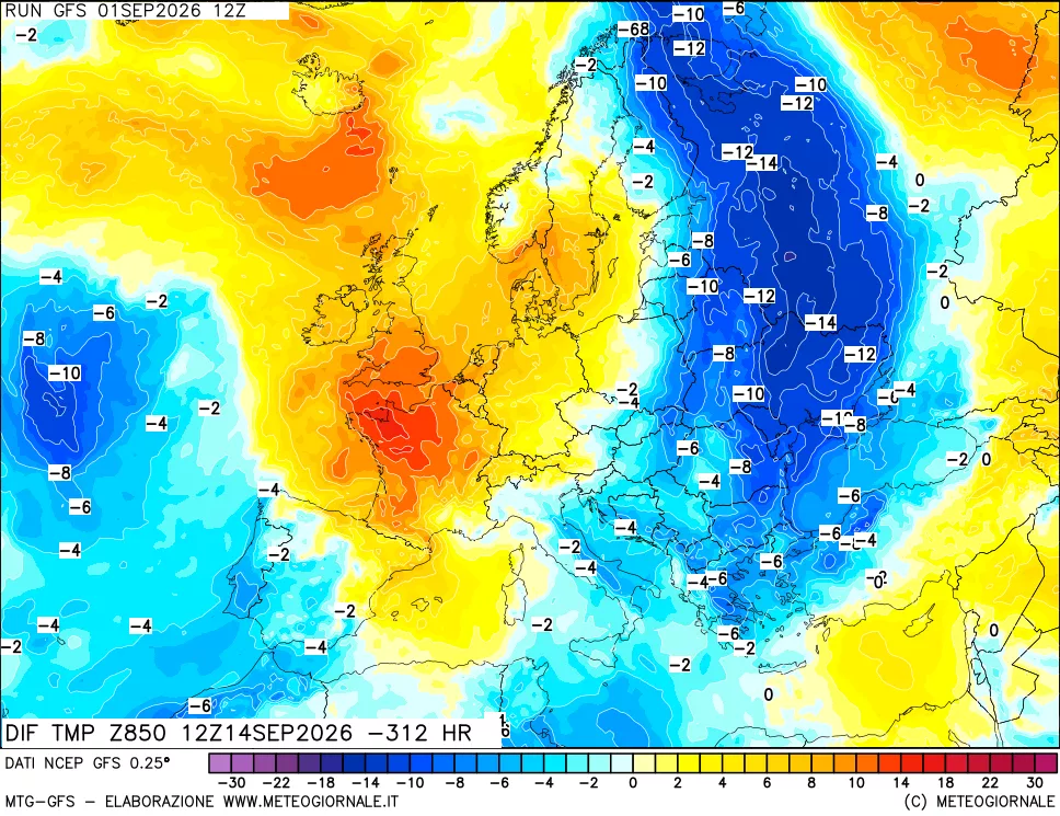 mappa Dif. Temp a 850 hPa Valid - Init