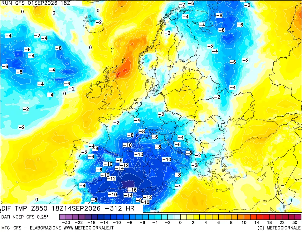 mappa Dif. Temp a 850 hPa Valid - Init