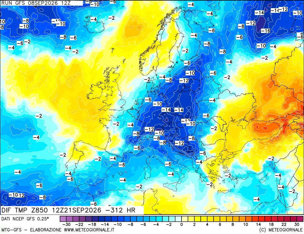 mappa Dif. Temp a 850 hPa Valid - Init