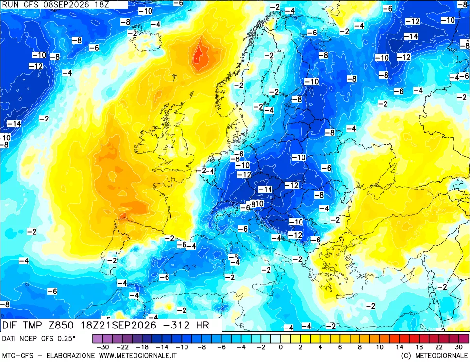mappa Dif. Temp a 850 hPa Valid - Init