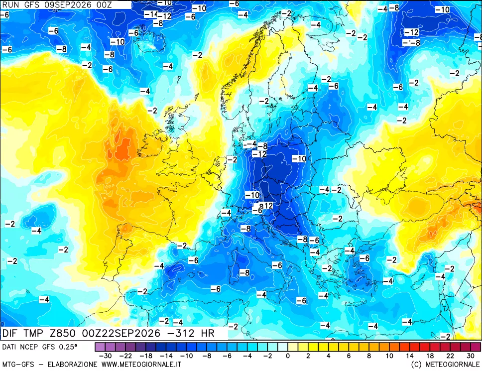 mappa Dif. Temp a 850 hPa Valid - Init