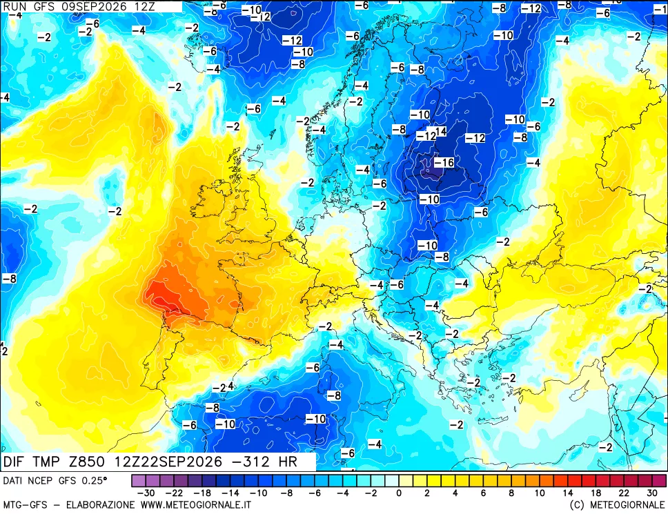 mappa Dif. Temp a 850 hPa Valid - Init