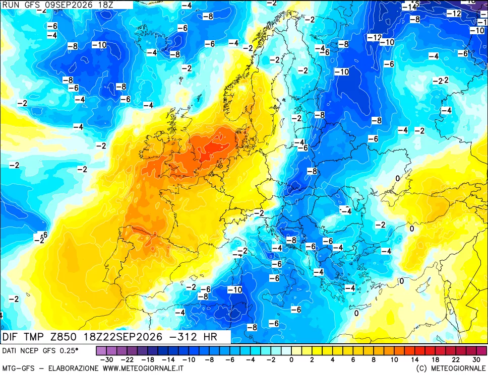mappa Dif. Temp a 850 hPa Valid - Init