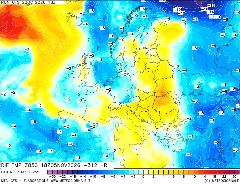 mappa Dif. Temp a 850 hPa Valid - Init