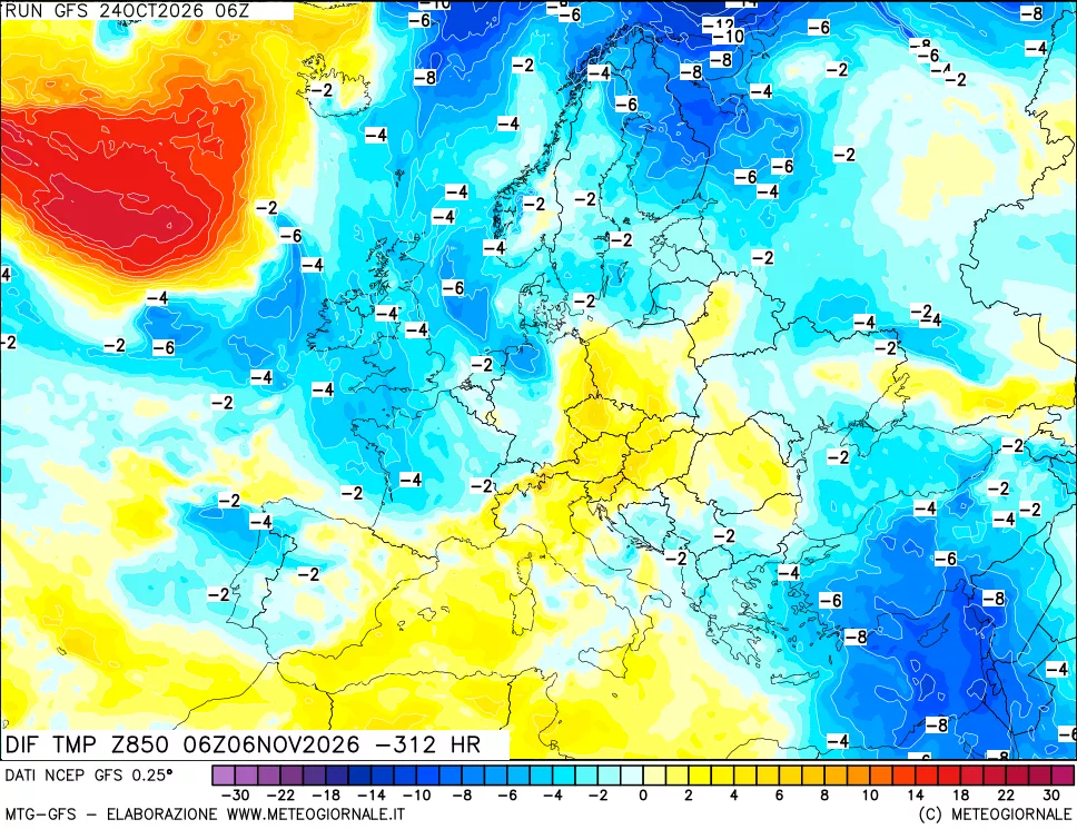 mappa Dif. Temp a 850 hPa Valid - Init
