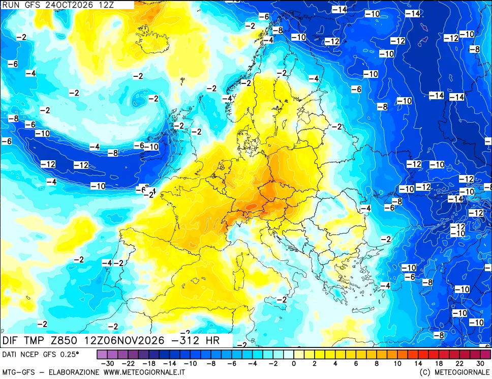 mappa Dif. Temp a 850 hPa Valid - Init