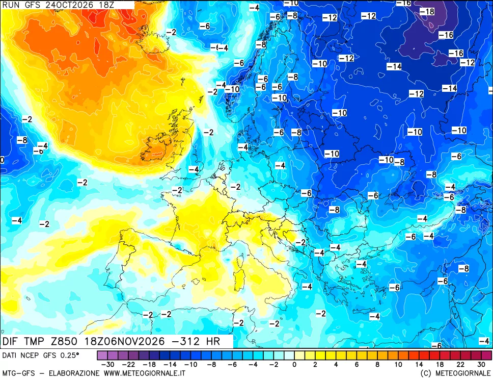 mappa Dif. Temp a 850 hPa Valid - Init