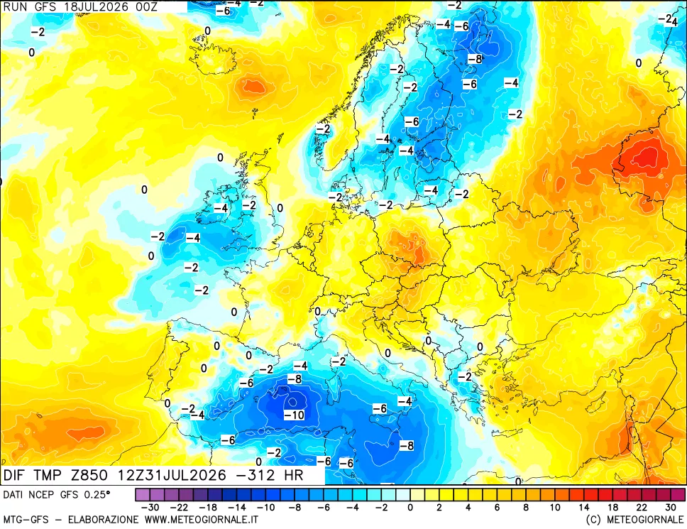 mappa Dif. Temp a 850 hPa Valid - Init