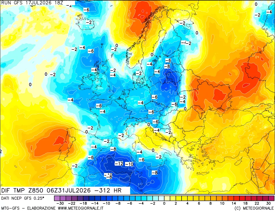mappa Dif. Temp a 850 hPa Valid - Init