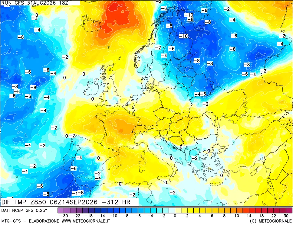 mappa Dif. Temp a 850 hPa Valid - Init