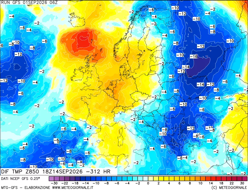 mappa Dif. Temp a 850 hPa Valid - Init