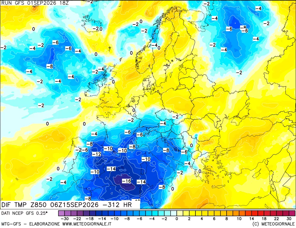 mappa Dif. Temp a 850 hPa Valid - Init